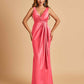 Sexy Satin Sheath V-neck Prom Dresses Strapless Floor Length