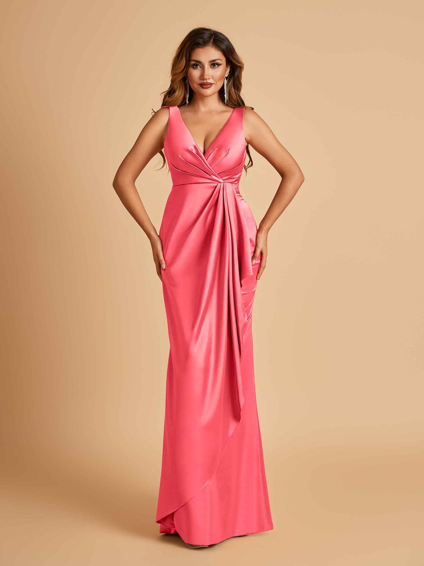 Sexy Satin Sheath V-neck Prom Dresses Strapless Floor Length