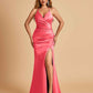 Sexy Satin Mermaid Long Prom Dresses Spaghetti Straps Sweetheart Side Slit Criss-cross Back