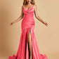 Sexy Satin Mermaid Open Back Prom Dresses Spaghetti Straps V-neck Side Slit