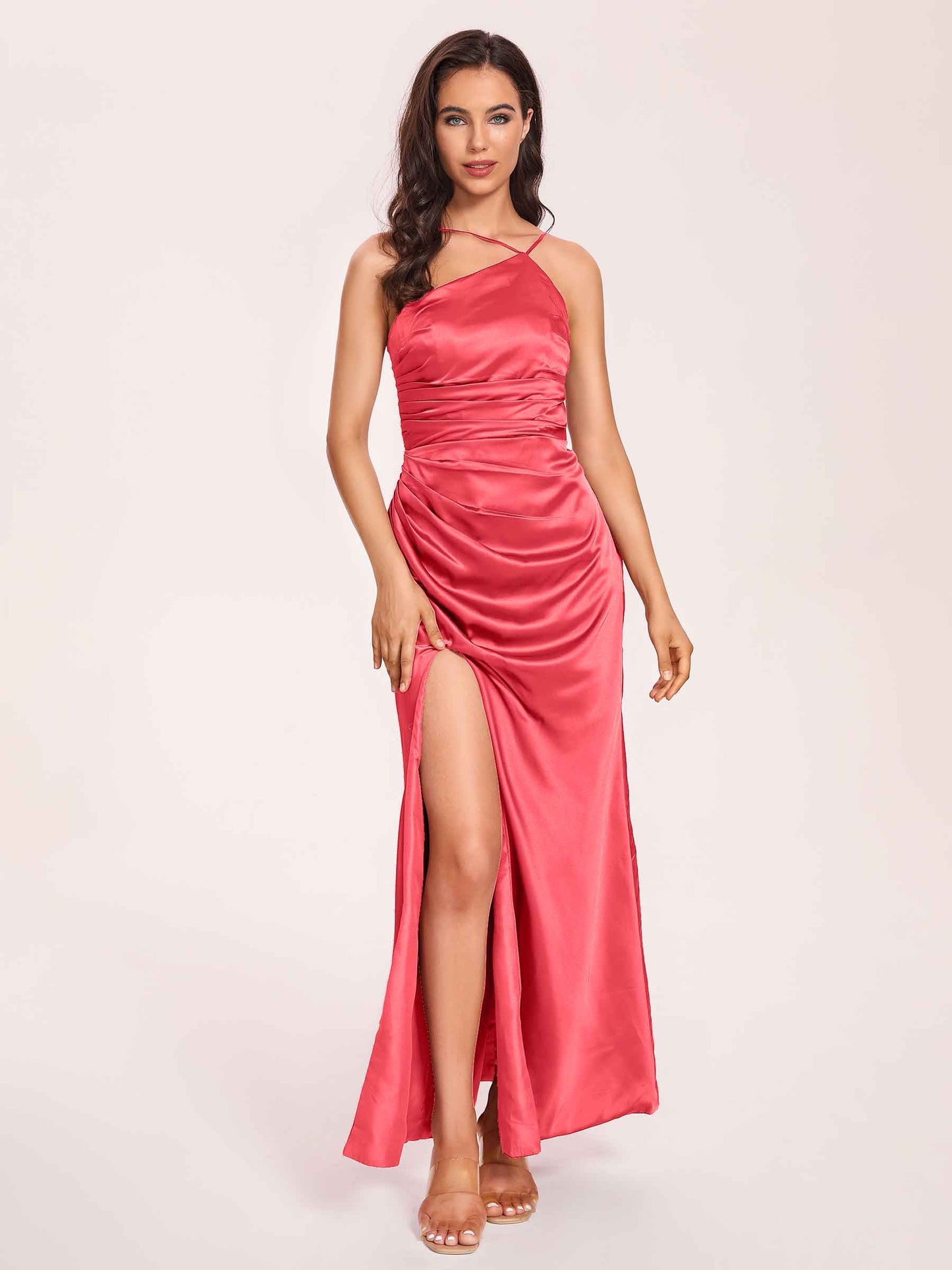 Satin Halter Pleats Sheath Prom Dresses Side-Slit Floor Length Sleeveless