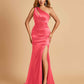 Sexy Satin Key Hole Bridesmaid Dresses One Shoulder Key Hole Floor Length Sheath For Sale