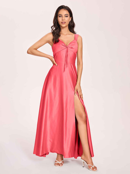 Satin V-neck A-line Bridesmaid Dresses Side slit Floor Length
