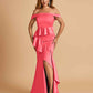 Satin Mermaid Off Shoulder Bridesmaid Dresses With Ruffles Side Slit Floor Length