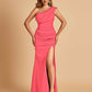 Satin One-shoulder Bridesmaid Dresses Mermaid Side Slit Sleeveless Floor Length