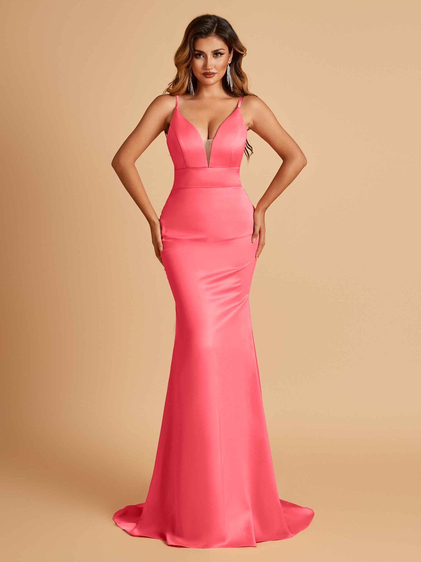 Satin Deep V-neck Mermaid Prom Dresses Open Back Floor Length