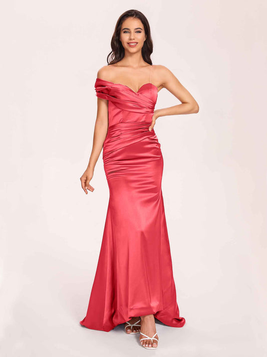 Satin One-shoulder Prom Dresses Pleats Floor Length Mermaid Long
