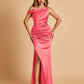 Unique Satin One Shoulder Prom Dresses Side Slit Half Open Back Floor Length