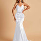Sexy Satin Mermaid Prom Dresses Spaghetti Straps V-neck Pleats Floor Length