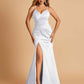 Sexy Mermaid Bridesmaid Dresses Spaghetti Straps Satin Side Slit Pleats Floor Length