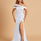 Unique Satin Mermaid Prom Dresses With Off Shoulder Straps Side Slit Floor Length