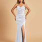 Sexy Satin Mermaid Bridesmaid Dresses Spaghetti Straps V-neck Side Slit Floor Length