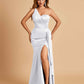 Satin One Shoulder Mermaid Prom Dresses Side Slit Floor Length