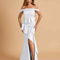 Satin Mermaid Off Shoulder Bridesmaid Dresses With Ruffles Side Slit Floor Length