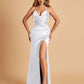 Sexy Satin Halter Straps Sheath Prom Dresses Side Slit Pleats Floor Length