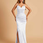 Satin Mermaid Long Bridesmaid Dresses Spaghetti Straps V-neck Side Slit Floor Length For Sale