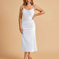 Sexy Satin Midi Prom Dresses Spaghetti Straps Slip Scoop Side Slit