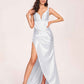 Satin Spaghetti Straps Corset Bridesmaid Dresses Pleats Side-Slit Sheath Floor Length