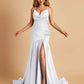 Sexy Satin Mermaid Open Back Prom Dresses Spaghetti Straps V-neck Side Slit
