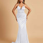 Satin Mermaid Open-back Prom Dresses Spaghetti Straps V-neck With Pleats Floor Length