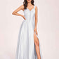 Satin V-neck A-line Prom Dresses Side slit Floor Length