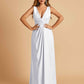 Sexy Satin Deep V-neck Long Bridesmaid Dresses A-line Pleats Sleeveless Floor Length