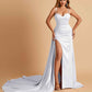 Sexy Satin Sheath Bridesmaid Dresses Spaghetti Straps Sweetheart Side Slit With Train