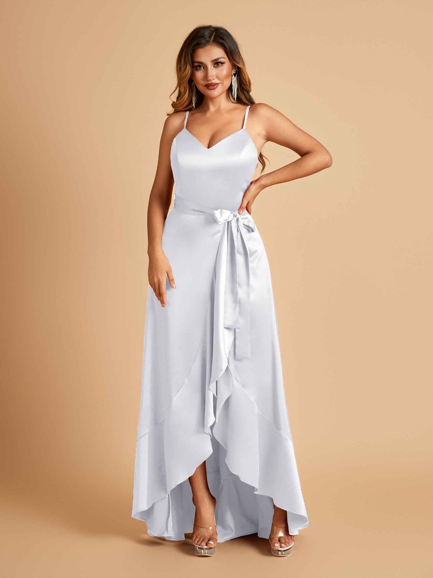Satin Asymmetric V-neck Prom Dresses Sleeveless Side Slit A-line Unique