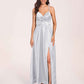 Satin Spaghetti Straps A-line Bridesmaid Dresses Side Slit Floor Length