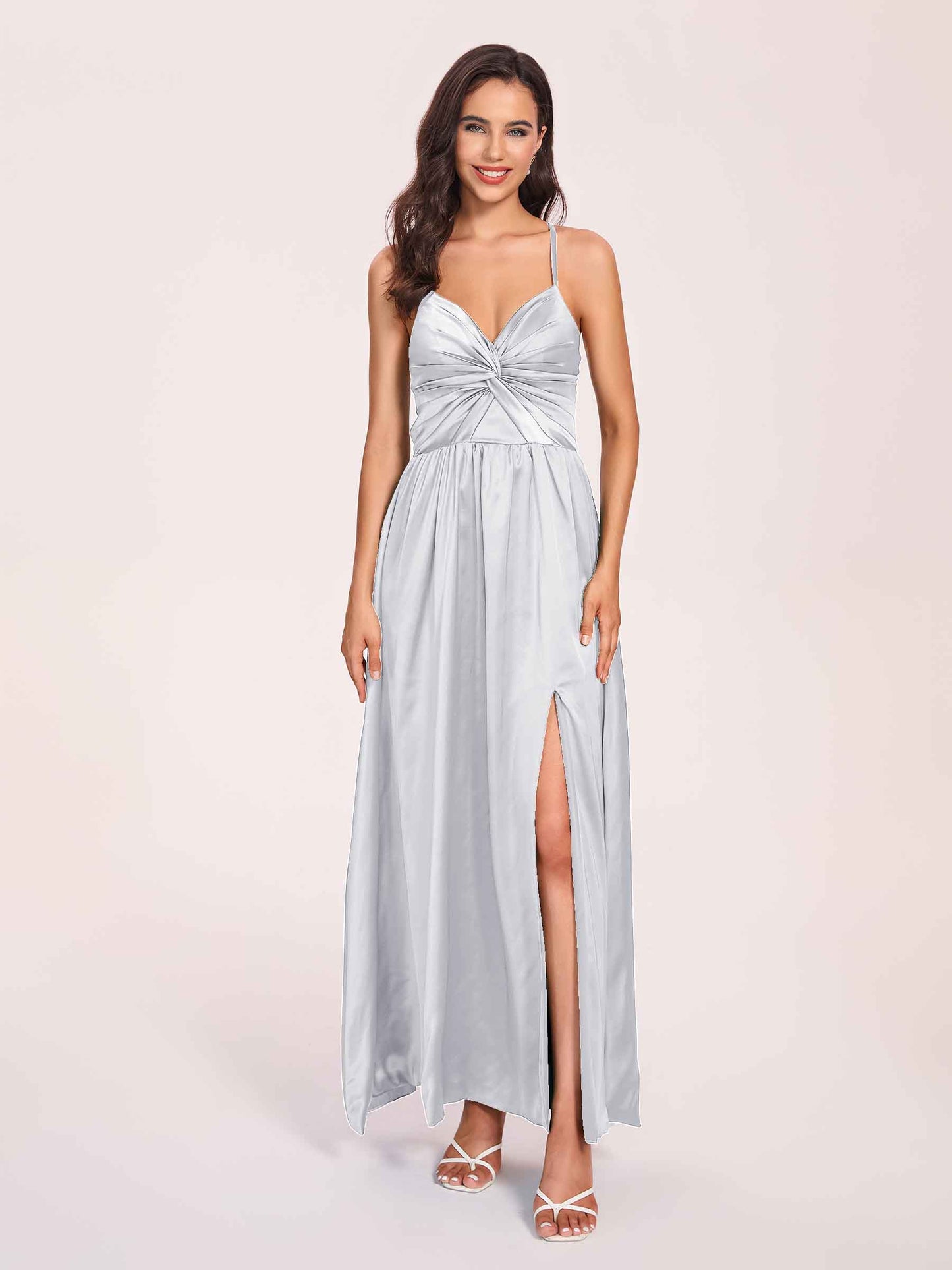 Satin Spaghetti Straps A-line Bridesmaid Dresses Side Slit Floor Length