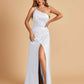 Satin One Shoulder Sheath Bridesmaid Dresses Spaghetti Straps Side Slit Floor Length