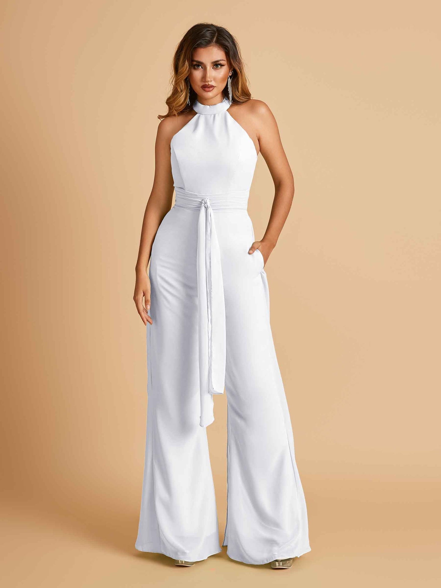 Chiffon Prom Jumpsuit Jewel Neck Sleeveless Floor Length With Pockets