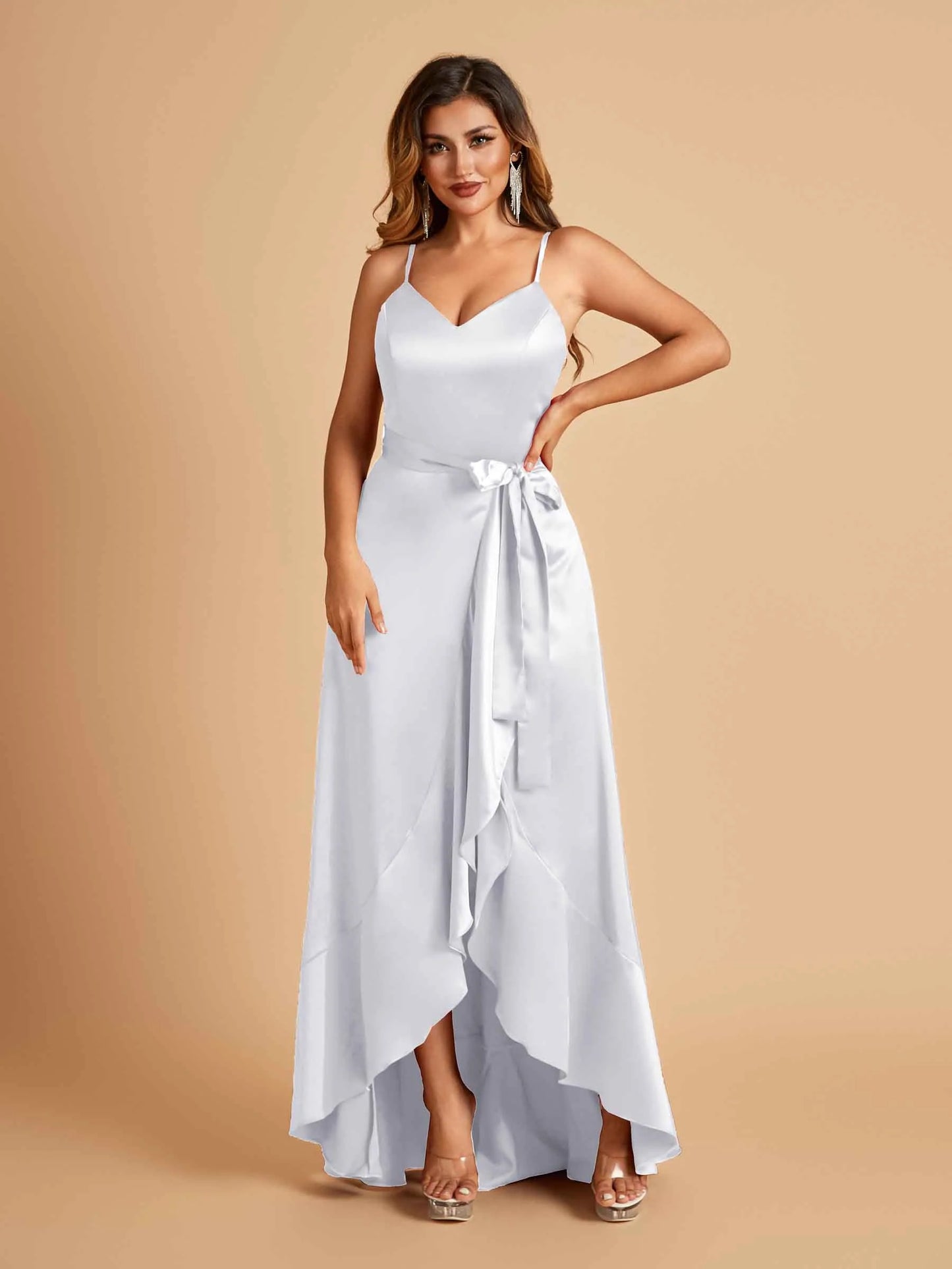 Satin Asymmetric V-neck Bridesmaid Dresses Sleeveless Side Slit A-line Unique For Sale