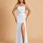 Satin Mermaid Long Bridesmaid Dresses Spaghetti Straps Scoop Side Slit Criss-cross Back