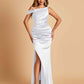 Unique Satin One Shoulder Prom Dresses Side Slit Half Open Back Floor Length
