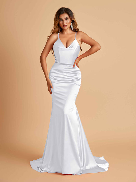Sexy Satin Mermaid Bridesmaid Dresses Spaghetti Straps V-neck Pleats Floor Length