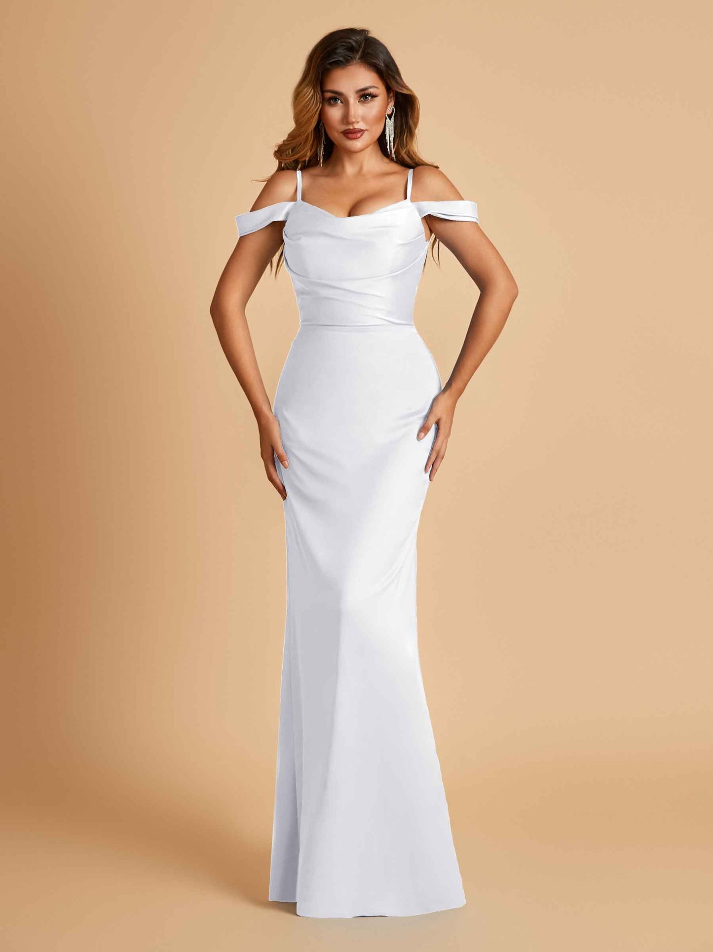 Sexy Off Shoulder Mermaid Long Bridesmaid Dresses Satin Spaghetti Straps Floor Length
