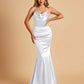Satin Mermaid Open Back Bridesmaid Dresses Spaghetti Straps Scoop Floor Length
