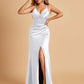 Sexy Satin Sheath Bridesmaid Dresses Spaghetti Straps V-neck Side Slit Pleats Floor Length