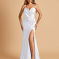 Sexy Satin Sheath Prom Dresses Spaghetti Straps V-neck Side Slit Floor Length