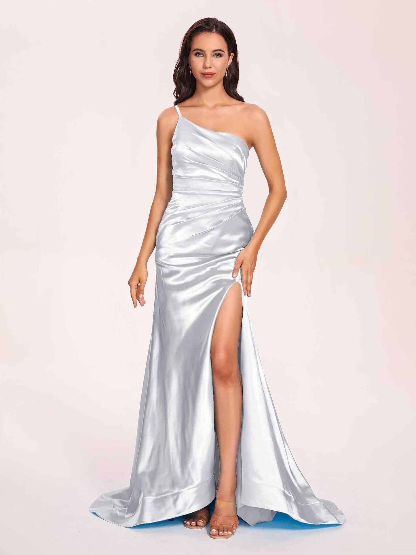 Satin One-shoulder Mermaid Prom Dresses Side Slit Pleats Floor Length