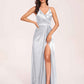 Sexy Satin A-line Prom Dresses Spaghetti Straps Side Slit V-neck Floor Length