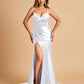 Satin Mermaid V-neck Prom Dresses Spaghetti Straps Side Slit Floor Length