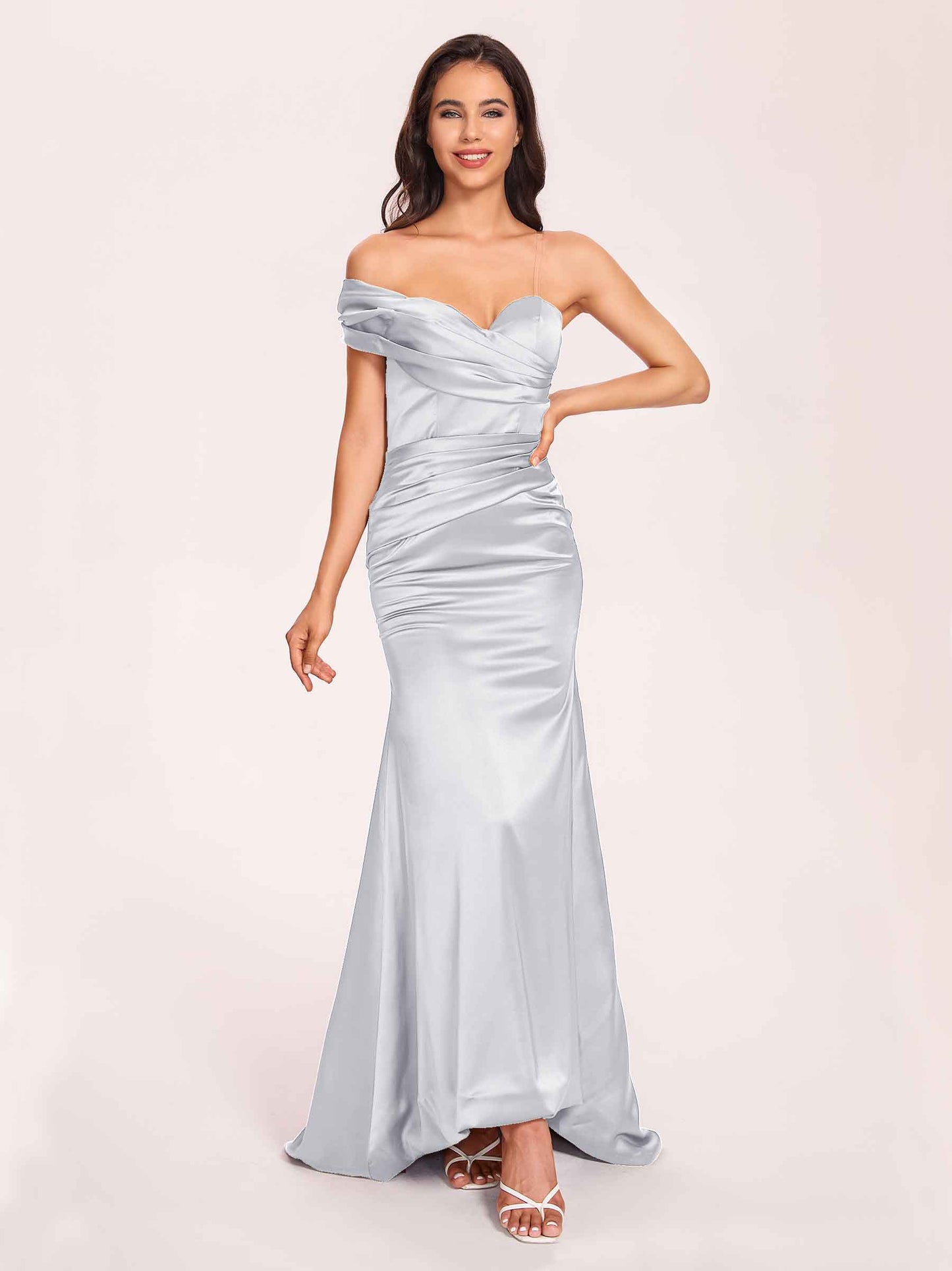 Satin One-shoulder Bridesmaid Dresses Pleats Floor Length Mermaid Long