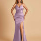 Sexy Satin Mermaid Long Prom Dresses Spaghetti Straps Sweetheart Side Slit Criss-cross Back