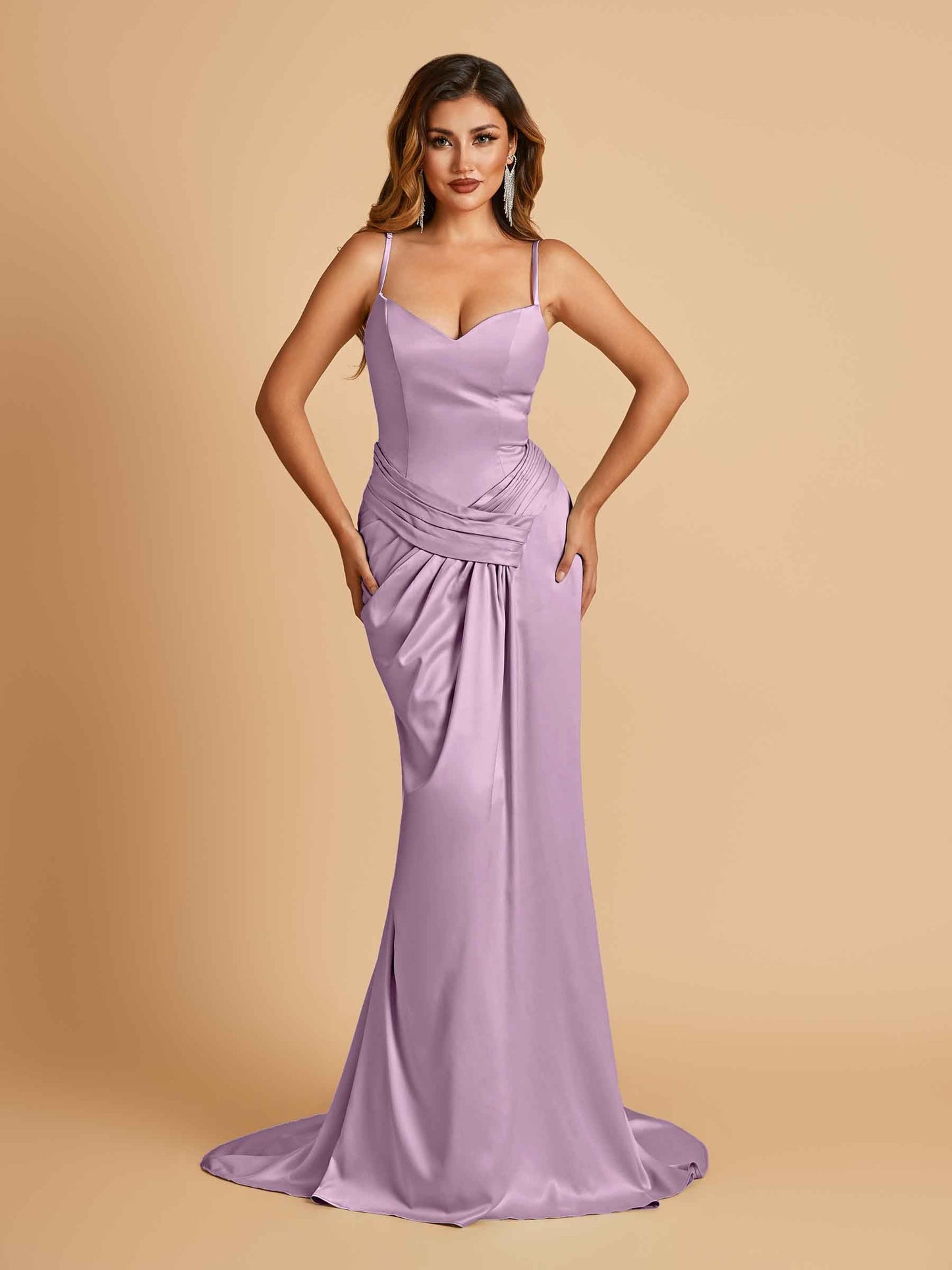 Satin Mermaid Sweetheart Prom Dresses Spaghetti Straps With Pleats Floor Length