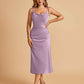 Sexy Satin Midi Prom Dresses Spaghetti Straps Slip Scoop Side Slit