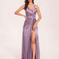 Sexy Satin A-line Prom Dresses Spaghetti Straps Side Slit V-neck Floor Length