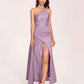 Sexy Satin Halter Strap Sheath Prom Dresses Side Slit Pleats Floor Length