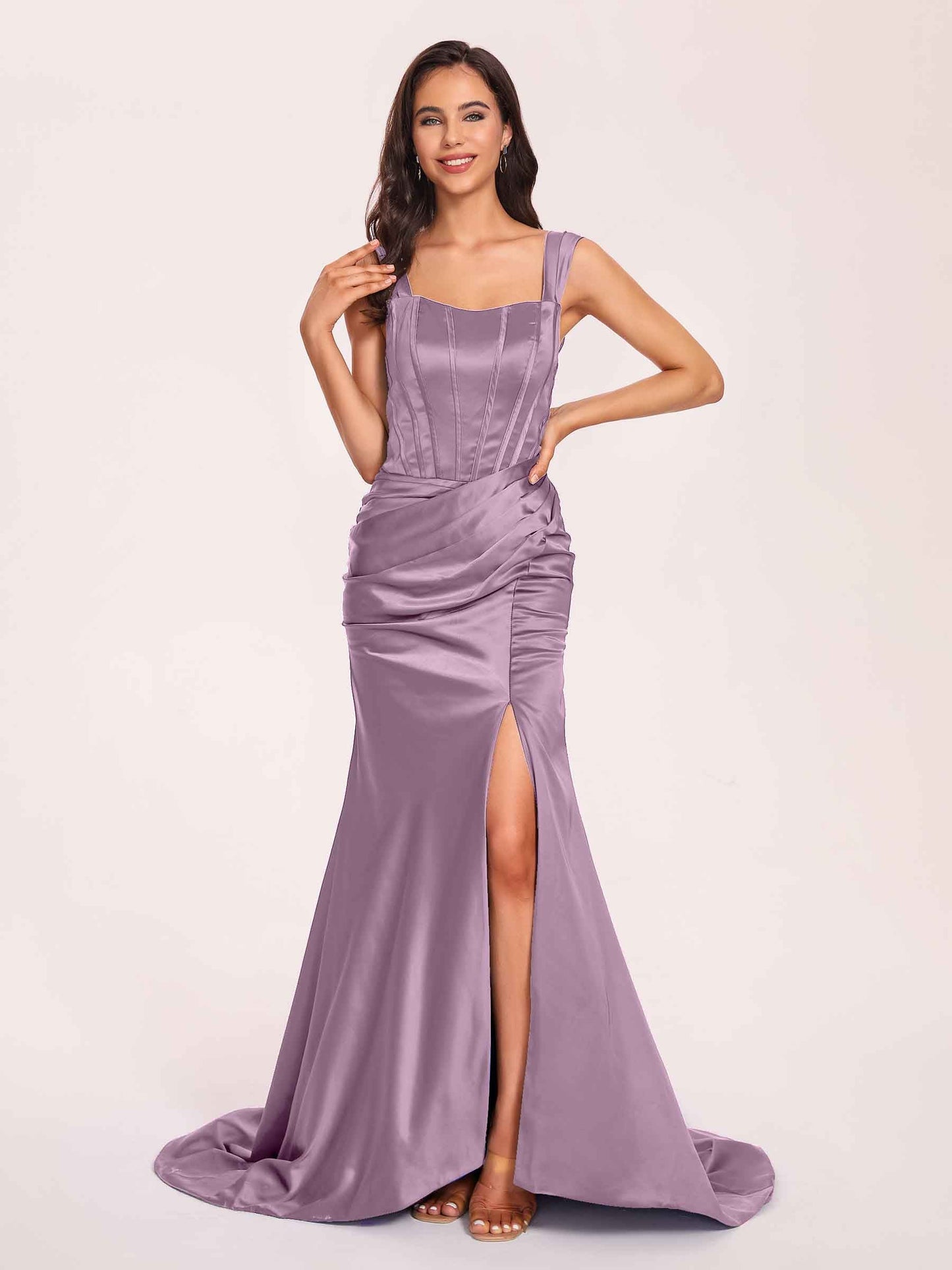 Sexy Satin Square Mermaid Prom Dresses Pleats Side-Slit Floor-Length Sleeveless